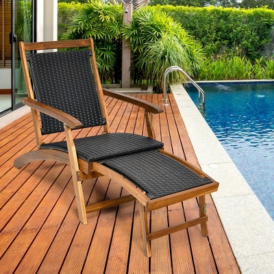 Costway  Patio Folding Rattan Lounge Chair Wooden Frame W/ Retractable Footrest