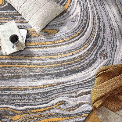 Yellow and Gray Abstract Swirl 5' x 7' Stain-Resistant Synthetic Rug