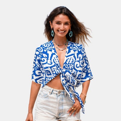 Women's Vibrant Blue Printed Crop Top with Front Tie - Cupshe