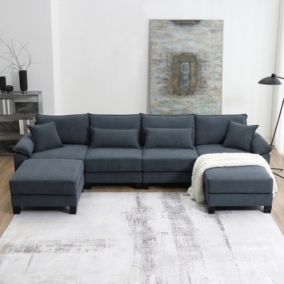 Whisen U-shaped Corduroy Modular Sectional Sofa, 6-seat Convertible Sofa Bed with Armrest Bag
