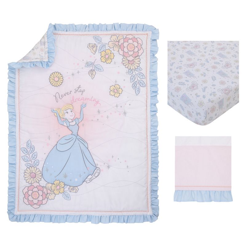 Disney Sweet Princess Light Blue, Pink, and White Cinderella 3 Piece Nursery Crib Bedding Set, 5 of 9