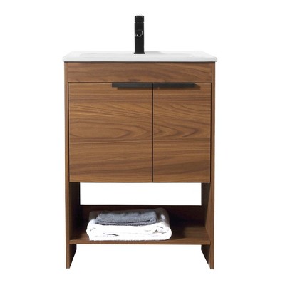 24" Walnut and White Vitreous China Single Bathroom Vanity