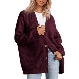 Women's Cardigan Sweaters Open Front Oversized Button V Neck Loose Soft Knit Outwear - 1 of 2