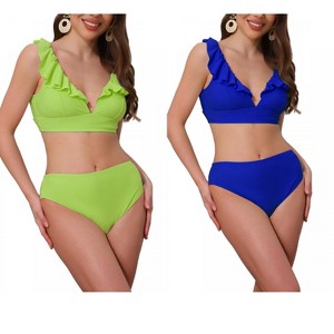 INSPIRE CHIC Women's Ruffle Trim V Neck Wide Strap Drawstring Tie Back Top Triangle Bottom Bikini Sets 2 Sets - 1 of 4