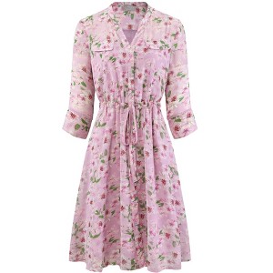 Hobemty Women's V-Neck 3/4 Sleeve Tie Waist Button-Down Floral Chiffon Dress - 1 of 4
