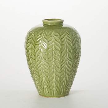 Sullivans 11" Embossed Leaf Green Vase, Ceramic