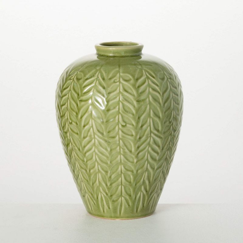 Sullivans 11" Embossed Leaf Green Vase, Ceramic, 1 of 4