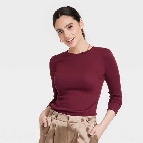 Women\'s Long Sleeve Burgundy T-shirt A : New M Fit Slim - Target Day™ Crewneck