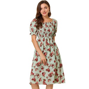 Allegra K Women's Cottagecore Floral Square Neck Puff Sleeves Summer Midi Smocked Dress - 1 of 4