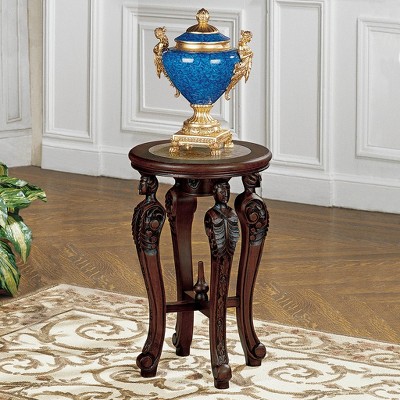 Round Wood and Stone End Table with Marble Inlay