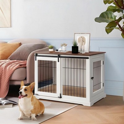 unipaws Wooden Dog Crate – Sliding Barn Door, Double Doors, Tray & Cushion