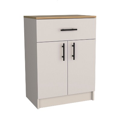 White and Light Oak Engineered Wood Pantry Cabinet with Chrome Hardware