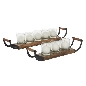 Olivia & May Set of 2 Farmhouse Glass/Metal Candle Holders with Handles with Wood Board Base Black: Rustic Pillar Candlestick Set - 1 of 4