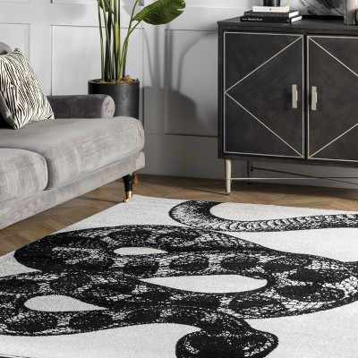 Serpent Charmer Black and White Synthetic Area Rug, 3' x 5'
