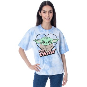 Seven Times Six Star Wars Women's The Mandalorian Baby Yoda Tie Dye Rough Hem T-Shirt Blue - 1 of 4