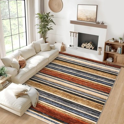 Modern Area Rug 6x9 Washable Striped Accent Carpet with Non-Slip Backing, Stain-Resistant Low Pile Indoor Mat, Foldable Contemporary Throw Rug