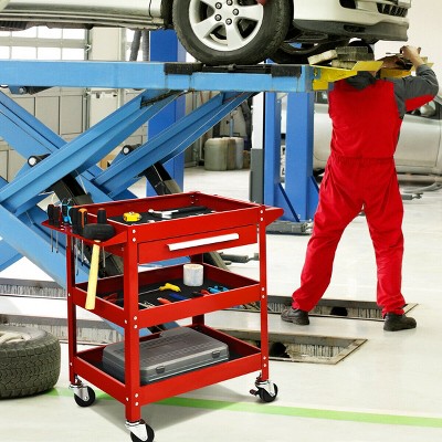 Red Steel Three Tray Rolling Utility Cart with Drawer