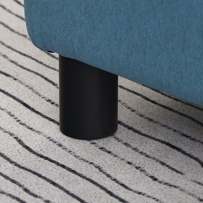 Dark Blue Linen Fabric Pouf Footrest Ottoman with Wooden Legs