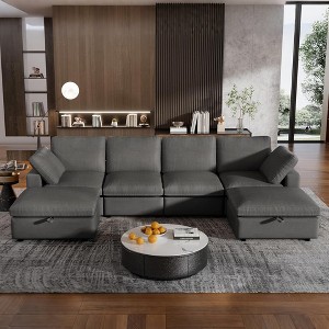 Dyonery 130" Faux Leather Cloud Sofa with Ottomans,U-Shaped Modular Sectional Couches,Pet-Friendly Scratch Resistant PU Fabric,Tool Free Assembly - 1 of 4