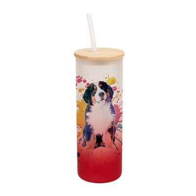 100 North 25 Ounce Frosted Glass Gradient Travel Tumbler With Straw & Wooden Lid, Bernese Mountain Dog Paint Splatter Red
