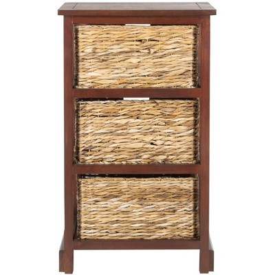 Transitional Brown Pine Wood Side Table with 3 Rattan Drawers