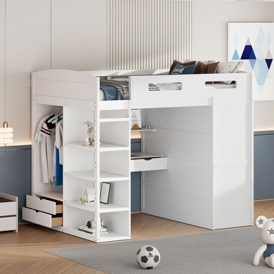 NicBex Full Size Bunk Bed with Desk Wooden Bed Frame with Wardrobe, Drawers, Shelves, Ladder and Full Length Guardrail, No Box Spring Required