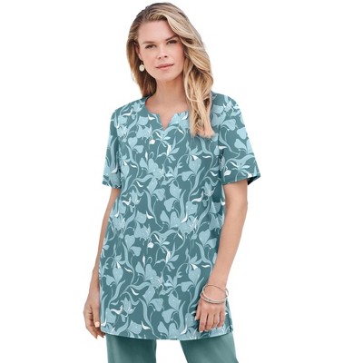 Roaman's Women's Plus Size Print Notch Neck Soft Knit Tunic