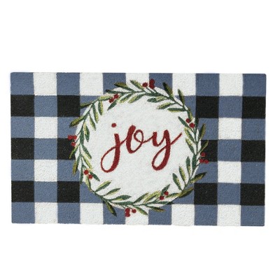 Farmhouse Living Holiday Joy Wreath with Plaid Coir Doormat - 18" x 30" - Elrene Home Fashions