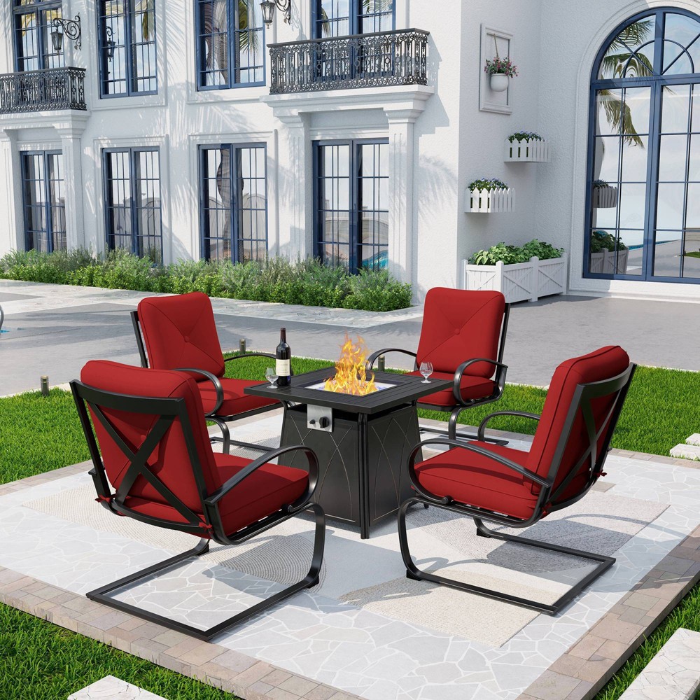 Photos - Garden Furniture 5pc Outdoor Set with Spring Motion Chairs & 28" Fire Table - Red - Captiva