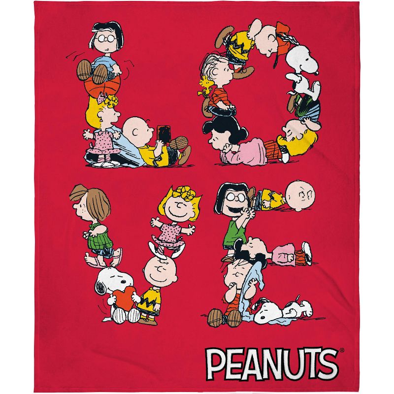 Peanuts LOVE Charlie Brown Snoopy And Pals Letter Art Silk Touch Throw Blanket Red, 1 of 4