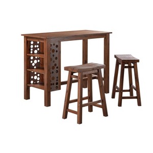 3pc Rectangular Brittany Bar Height Dining Set Wire Brushed Finish Chestnut - Boraam: Acacia Saddle Stools, 3-Tier Shelves - 1 of 4
