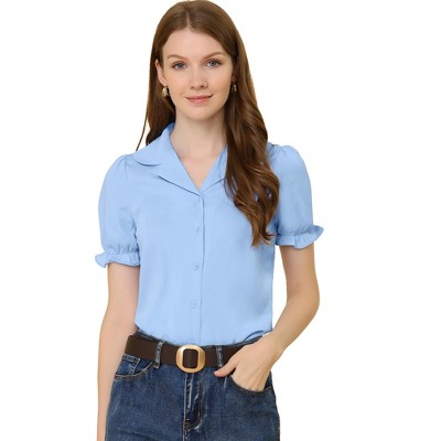 Allegra K Women's Collar Button Front Short Sleeves Work Shirts Blue ...