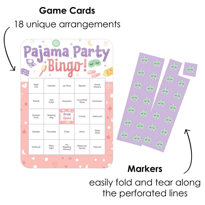 Big Dot of Happiness Pajama Slumber Party - Bingo Cards and Markers - Girls Sleepover Birthday Party Bingo Game - Set of 18, 3 of 7