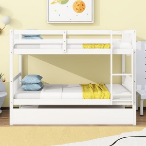 MAYEERTY Twin Rubber Wood Bunk Bed with Trundle Twin Bunk Bed with Ladder and Safety Guardrails White - 1 of 4