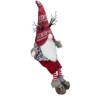 30" Red and Gray Fair Isle Sitting Gnome with LED Antlers