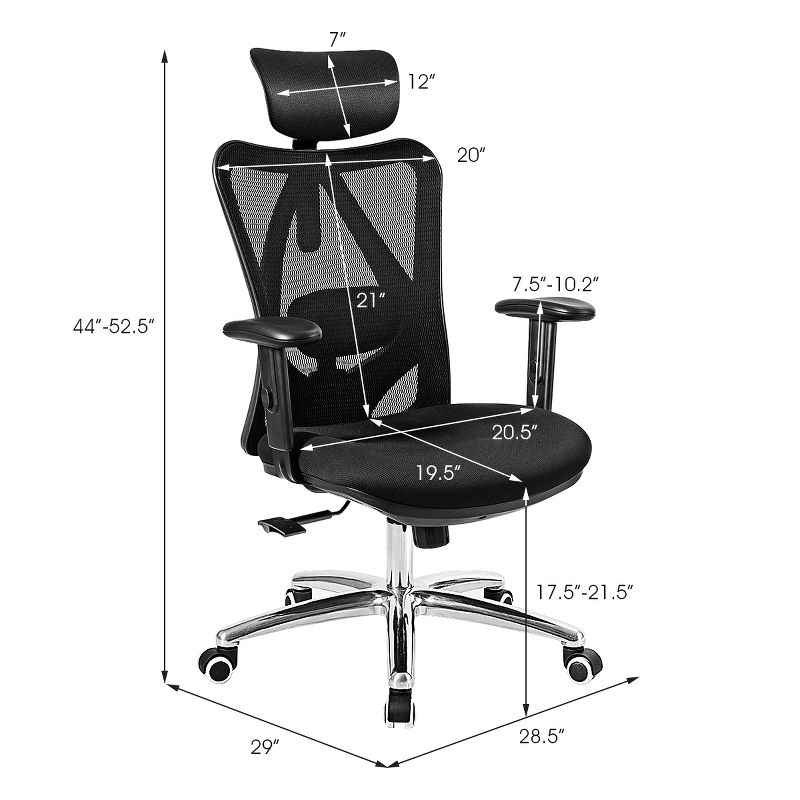 High Back Mesh Office Chair Adjustable Lumbar Support&Headrest Home Study Black, 4 of 11