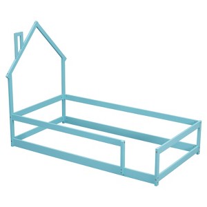 FONTOI Beds, Twin Size Floor Bed with Headboard, Wood Bed with Guardrails for Girls and Boys, Blue, 44.8"*57.3"*78.2" - 1 of 4