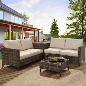 4 Pieces Patio Sectional Furniture PE Rattan loveseat Sofa Set, Wicker Outdoor Conversation Couch Sets with Coffee Table & Storage - 1 of 4