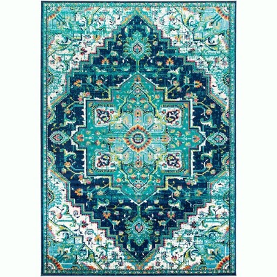 Mark & Day Metz 7'10"x11'2" Rectangle Woven Indoor Area Rugs Teal: Traditional Medallion, Stain-Resistant, Polypropylene