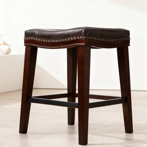 26" Contemporary Upholstered Saddle Counter Stools with Nailhead Trim, Dark Brown, Set of 4, Modern Kitchen Bar Seating, Comfortable & Stylish - 1 of 4