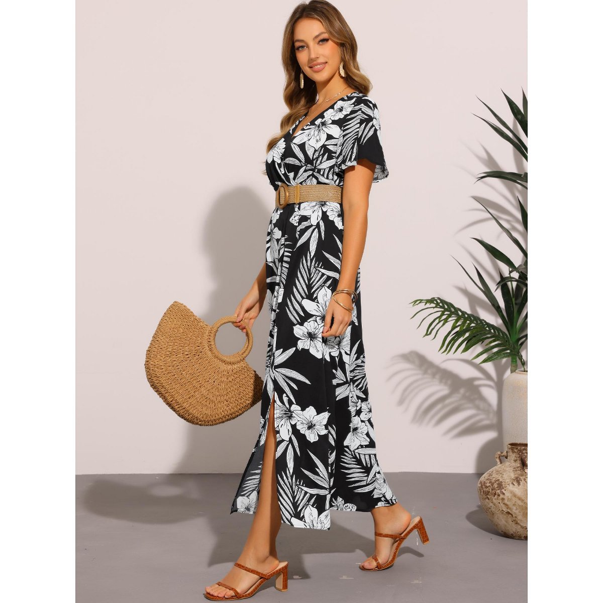 Женские платья INSPIRE CHIC Women's Short Sleeve Slit Wrap V Neck Maxi Floral Long Dresses X-Small Black — фото 4