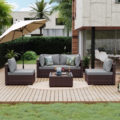 UPHA 5-Piece Rattan Patio Sofa Conversation Set with Cushions