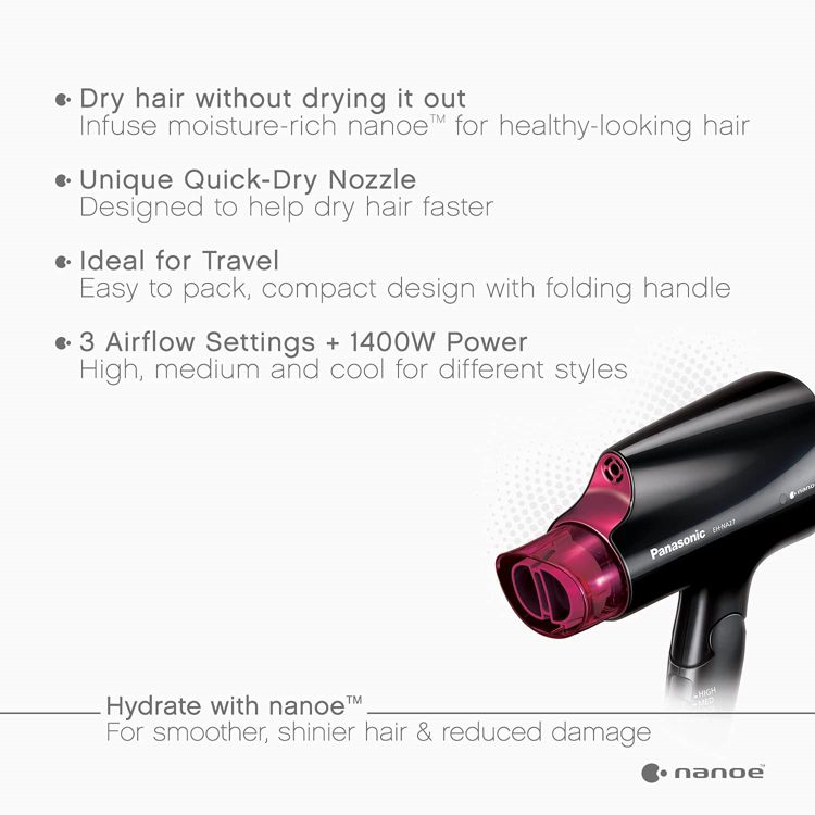 Panasonic nanoe Compact Hair Dryer, 1400W Portable Hair Dryer with Folding Handling and QuickDry Nozzle for Fast Drying – EH-NA27-K (Black/Pink), 2 of 9