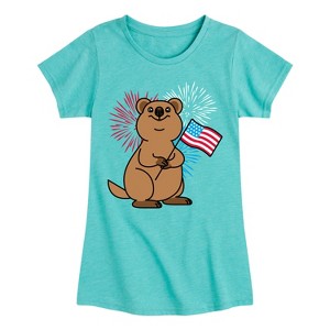 Girls' - Instant Message - Quokka with American Flag & Fireworks Fitted Short Sleeve Graphic T-Shirt - 1 of 4