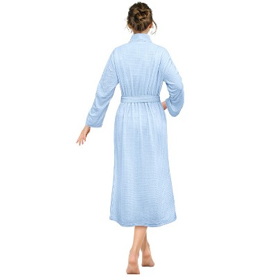 Light Blue Waffle Knit Long Bathrobe with Pockets
