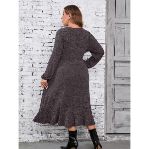 Women's Plus Size Sweater Dress V-Neck Long Sleeve Fall Winter Dressed with Pockets - 1 of 4