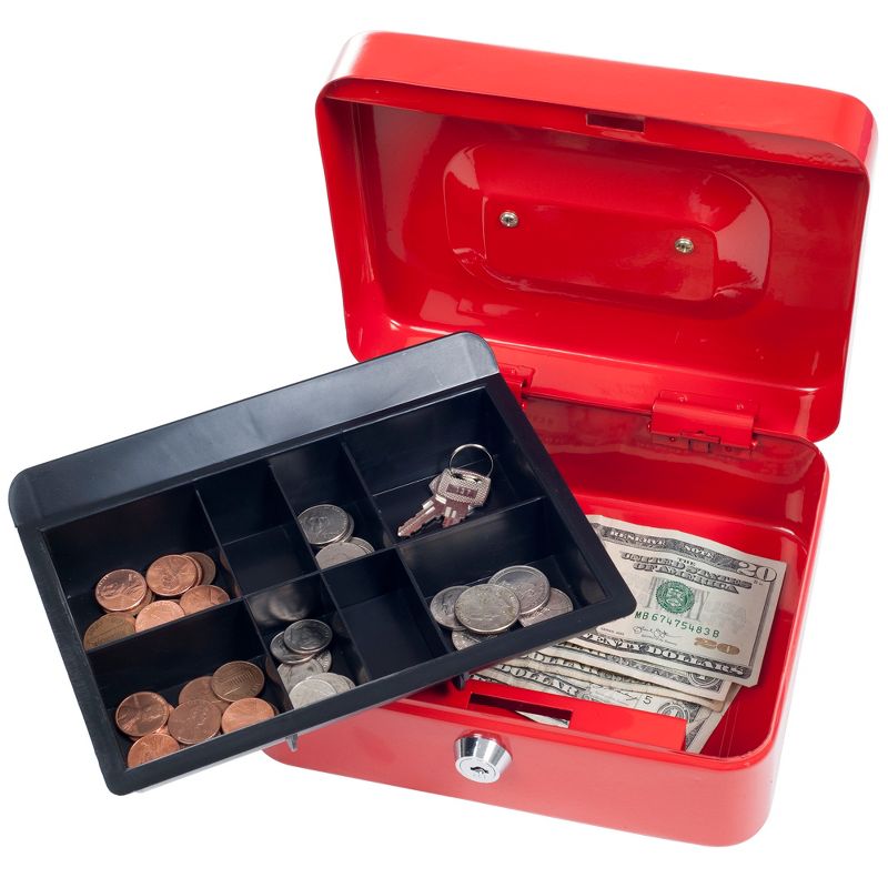 Lockbox Safe with Coin Compartment Tray- Secure and Organize Small Valuables in Key Locked Durable Powder Coated Metal Cash Box Safe- Red by Stalwart, 1 of 4