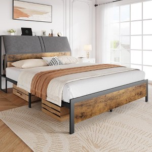 Platform Bed Frame with Upholstered Headboard, Charging Station, Durable Metal Frame, Noiseless, No Spring Mattress Required, Easy to Assemble - 1 of 4