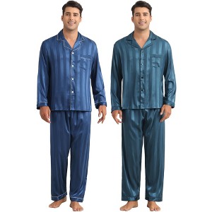 INSPIRE CHIC Men's 2 Pack Satin Pajamas Set Casual Long Sleeve Striped Button Sleepwear - 1 of 4
