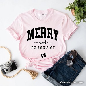 Merry and Pregnant T‑Shirt, Baby Announcement Christmas Tee for New Mom Pink M - 1 of 4